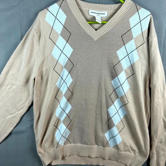 Banana Republic Sweater Mens Large Beige Blue Diamond Pattern V-Neck Long Sleeve - Picture 3 of 6